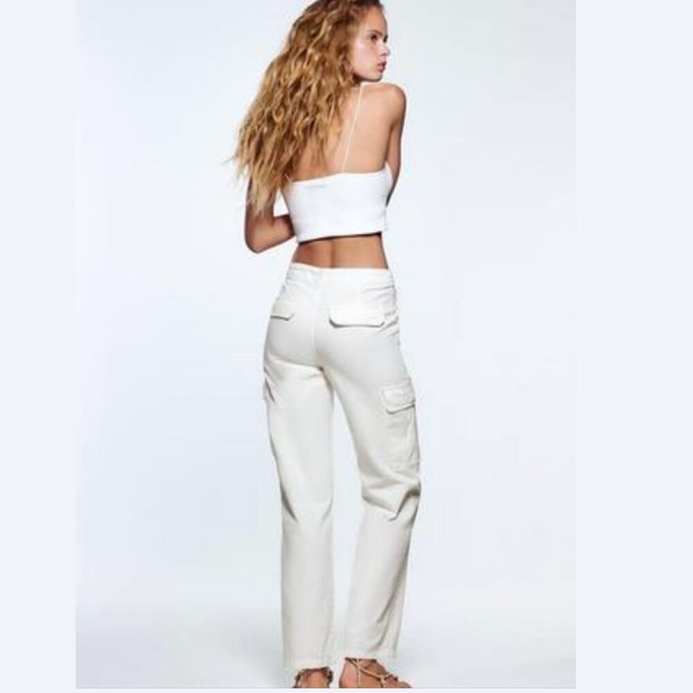 Zara CRISP! White Cotton High Waist Cargo Pants 0